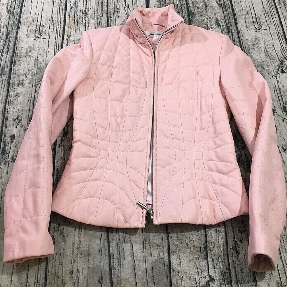 Jean Guise Womens Italian Leather Jacket Sz 6 Pink Designer‎ Full Zip Stitch